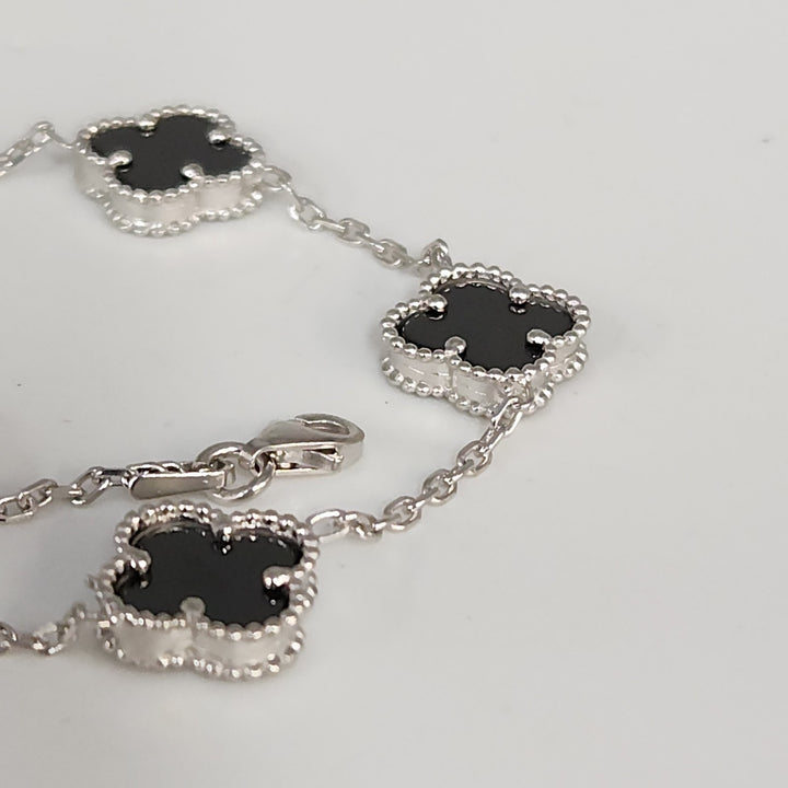 Fashion Silver Onyx Floral Clover Bracelet 8"