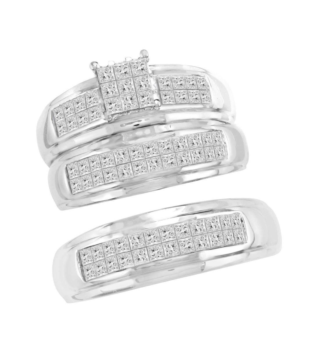14k White Gold 1.45CT Lab Diamond Trio Wedding Ring Set