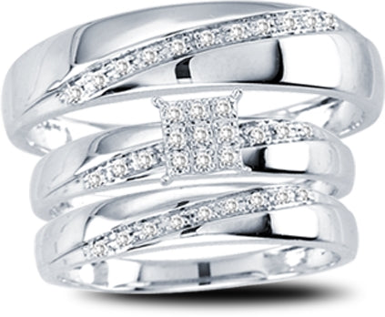 10k White Gold Lab Diamond Trio Wedding Ring Set for Her