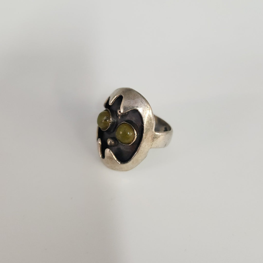Artisan Sterling Silver Mask Ring set With Dual Green Aventurine Cabochons Stone
