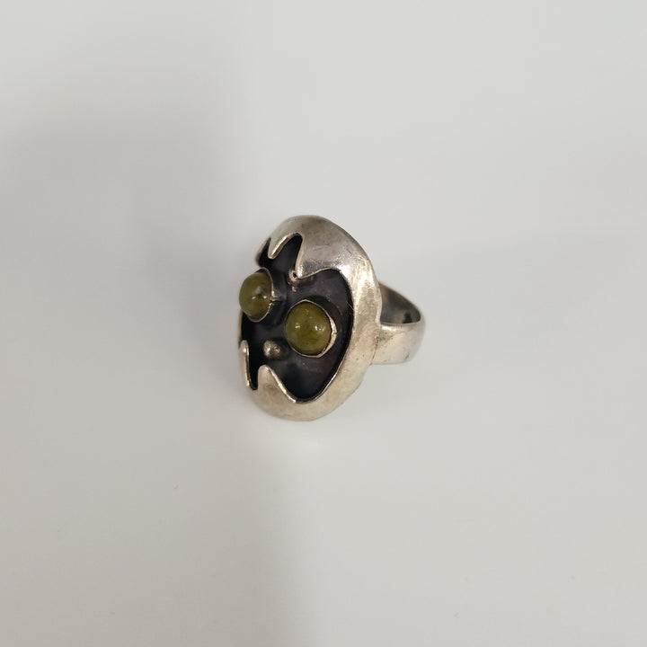 Artisan Sterling Silver Mask Ring set With Dual Green Aventurine Cabochons Stone