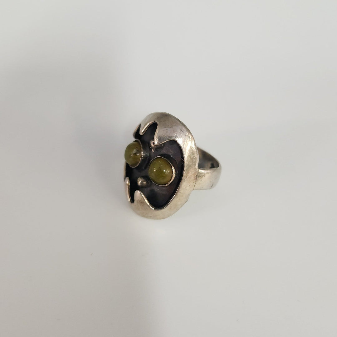 Artisan Sterling Silver Mask Ring set With Dual Green Aventurine Cabochons Stone