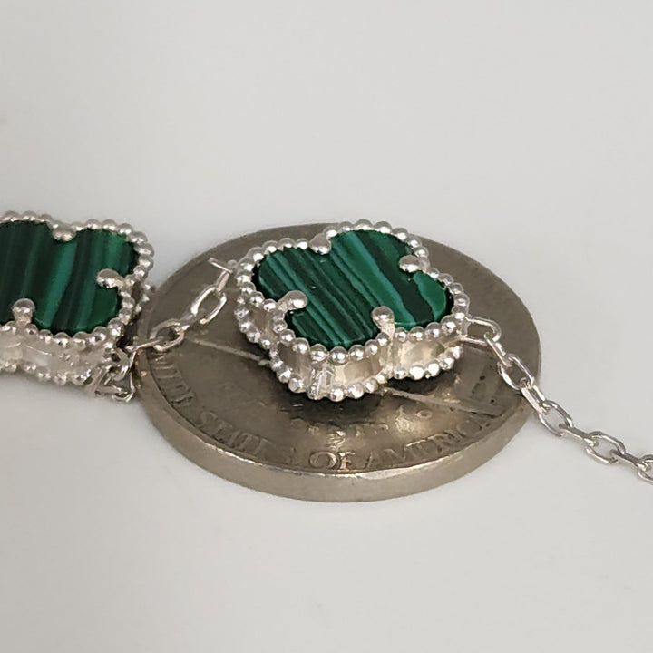 Fashion Silver Bracelet Malachite Floral Clover Links 8"