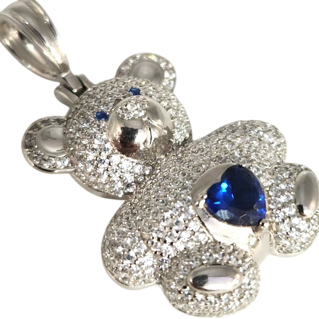 925 Sterling Silver Teddy Bear Pendant With Blue Heart Stone And CZ Accents