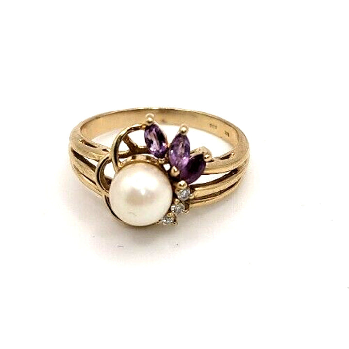 14K Yellow Gold Vintage Pearl Amethyst Diamond Ring - 3.8 gms, Sz 7.5