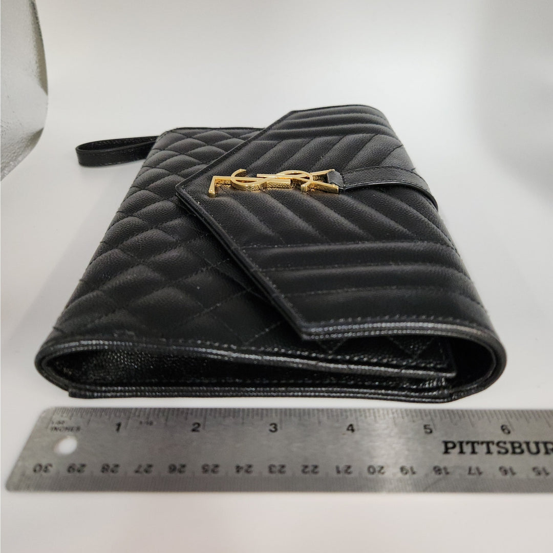 Saint Lauren YSL Black Quilted Envelope Wallet /Crossbody Bag W/ Gold Hardware