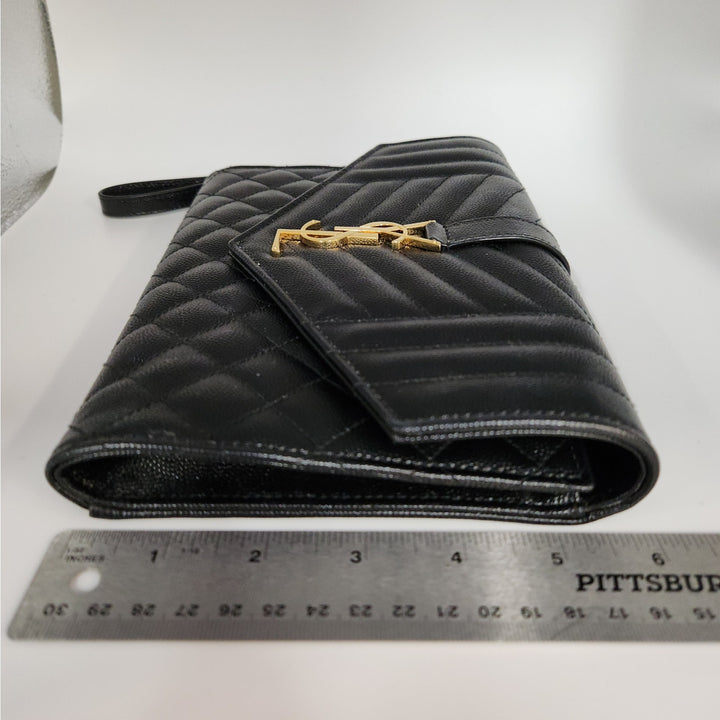 Saint Lauren YSL Black Quilted Envelope Wallet /Crossbody Bag W/ Gold Hardware