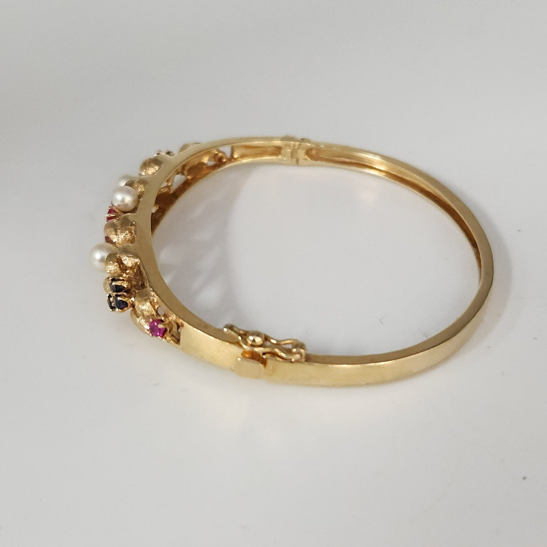 Set Of Antique 14k Yellow Gold Diamond,Pearls,Ruby &Sapphire Bangle Bracelets