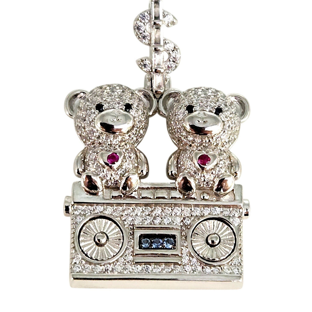 925 Sterling Silver Double Teddy Bear Pendant W/ CZ Accents And Dollar Sign Bail