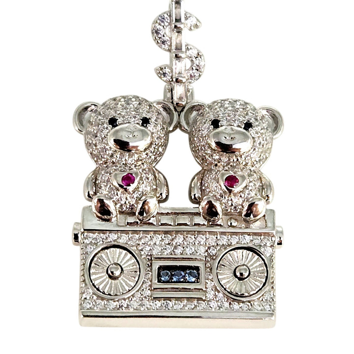 925 Sterling Silver Double Teddy Bear Pendant W/ CZ Accents And Dollar Sign Bail