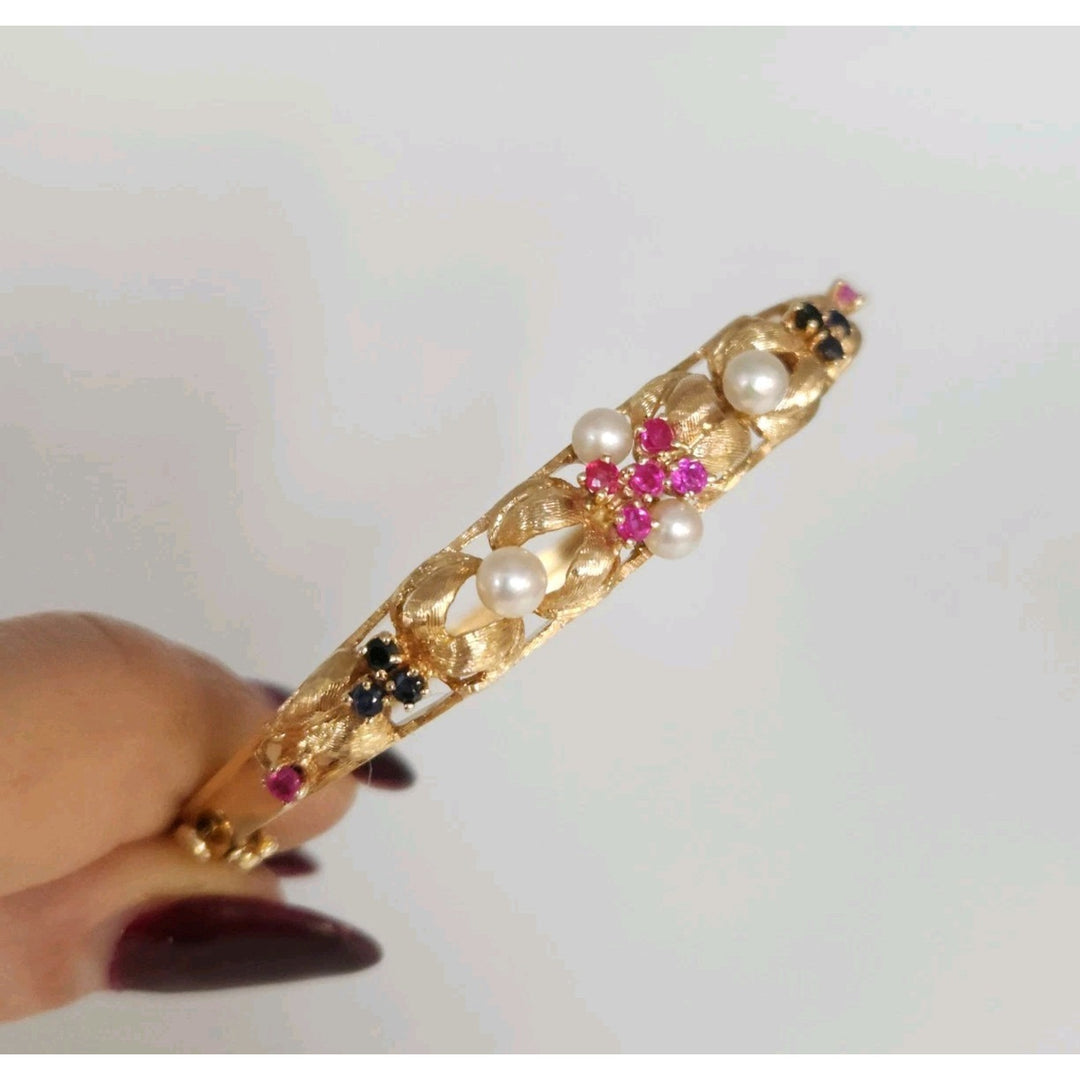Antique 14k Yellow Gold Pearls,Ruby & Sapphire Bangle Bracelets