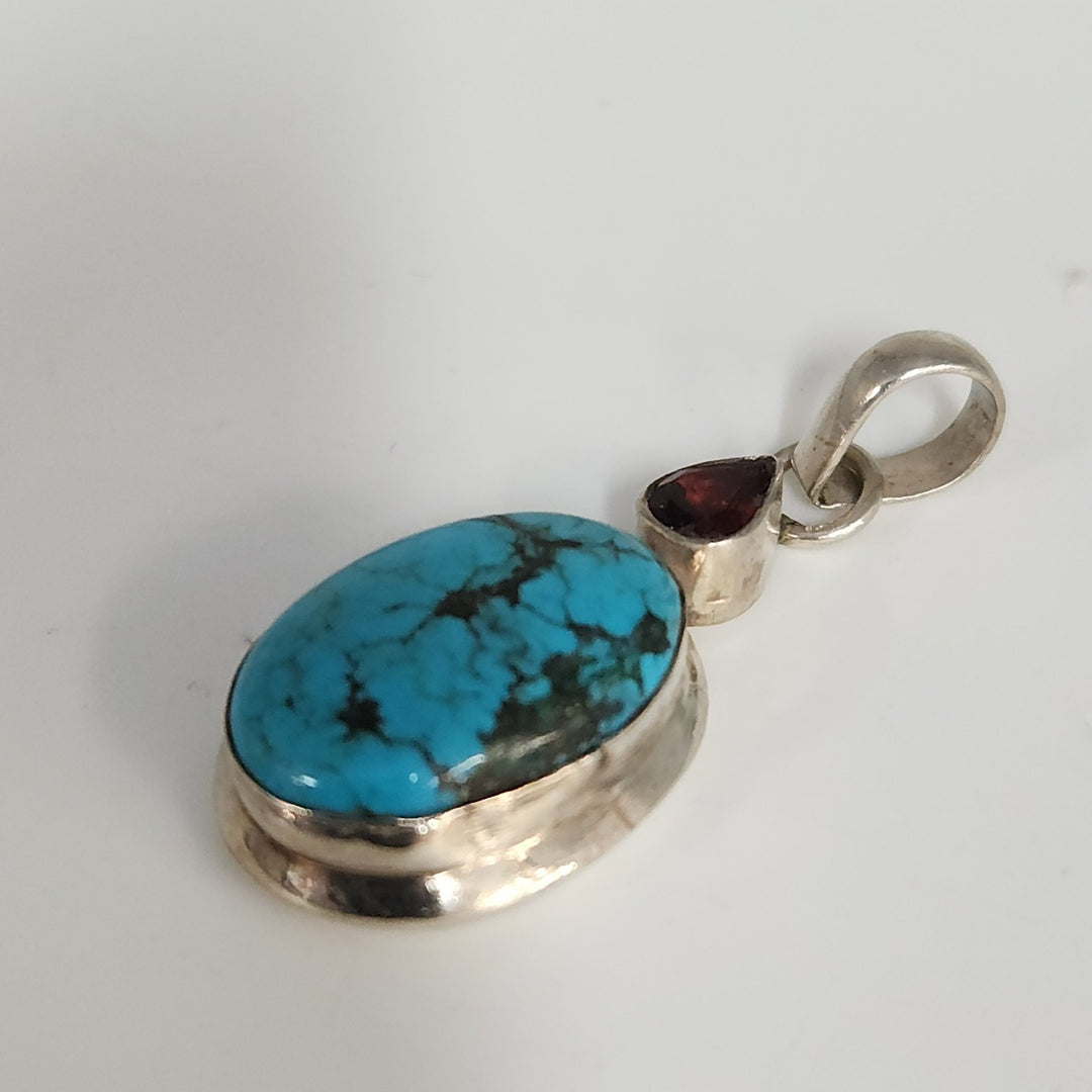 Artisan 925 Sterling Silver Pendant With Turquoise Stone & Garnet Teardrop