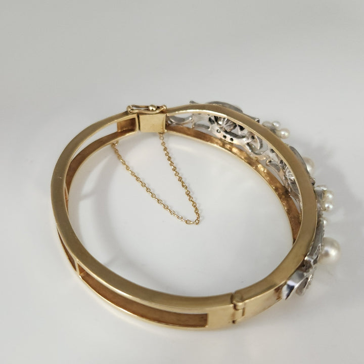 Vintage 14k Two Tone Gold Diamond Pearls Bangle Bracelet