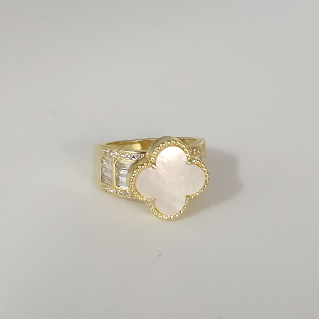 Gold Plated 925 Silver Clover Ring With White Mother Of Pearl Style Stone And...