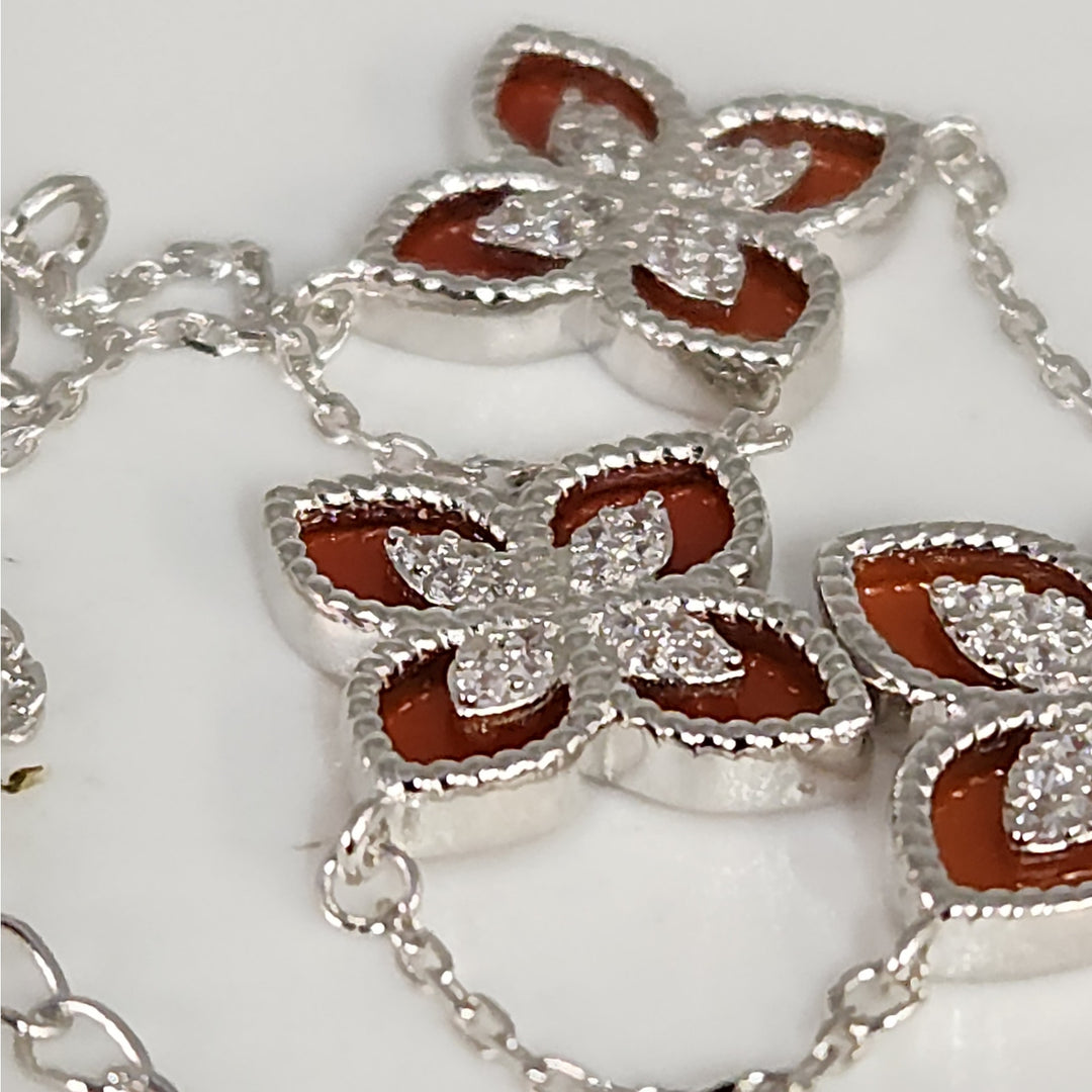 Pretty 925 Sterling Silver Red Clovers Floral bracelet 7.5 "