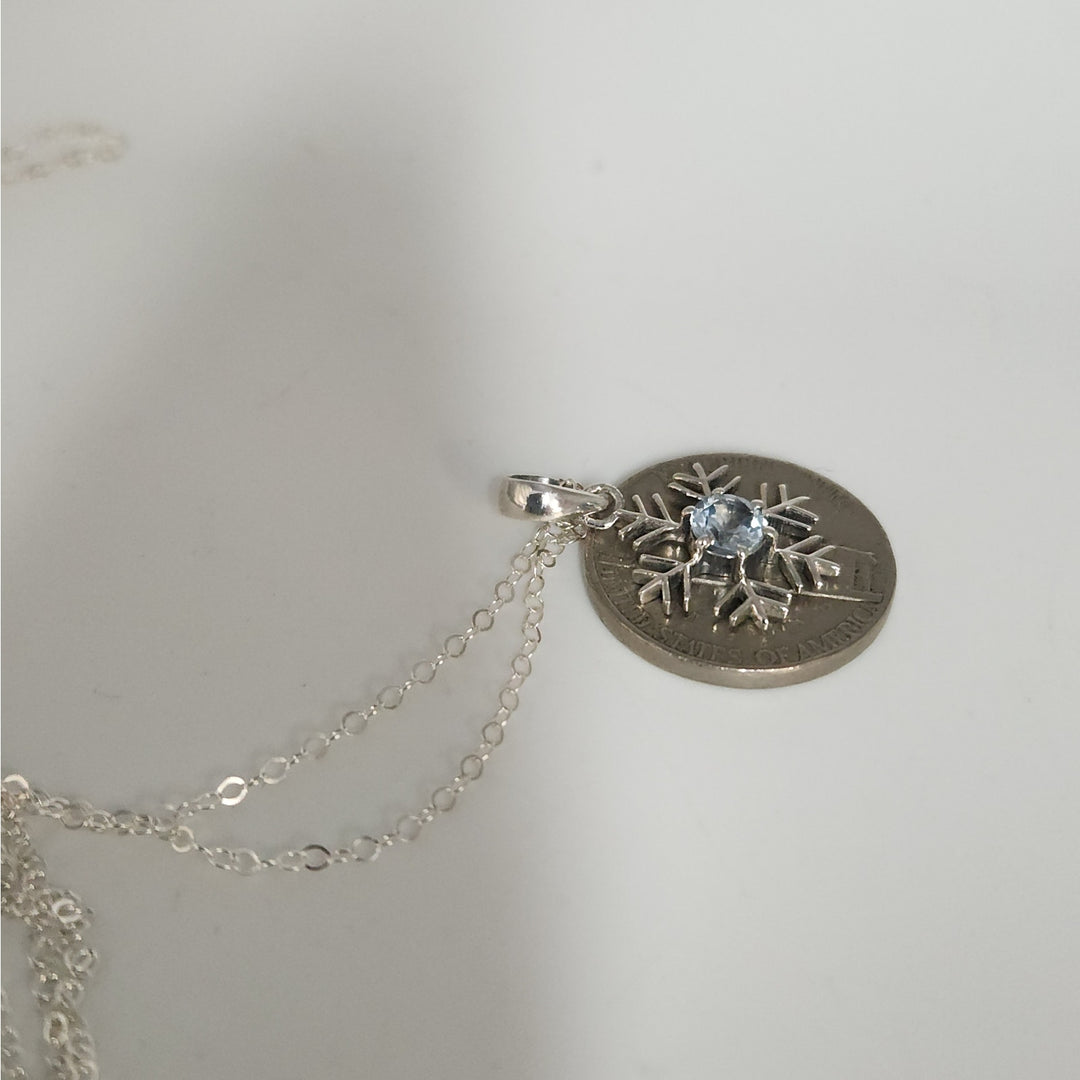 Sterling Silver Snowflake Pendant Necklace With Natural Blue Topaz