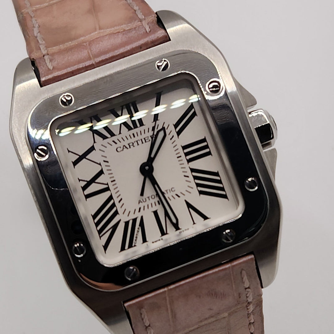 Cartier 36mm Square Pink Leather Band Automatic Stainless Steel Santos 100 W20106X8/ 2878