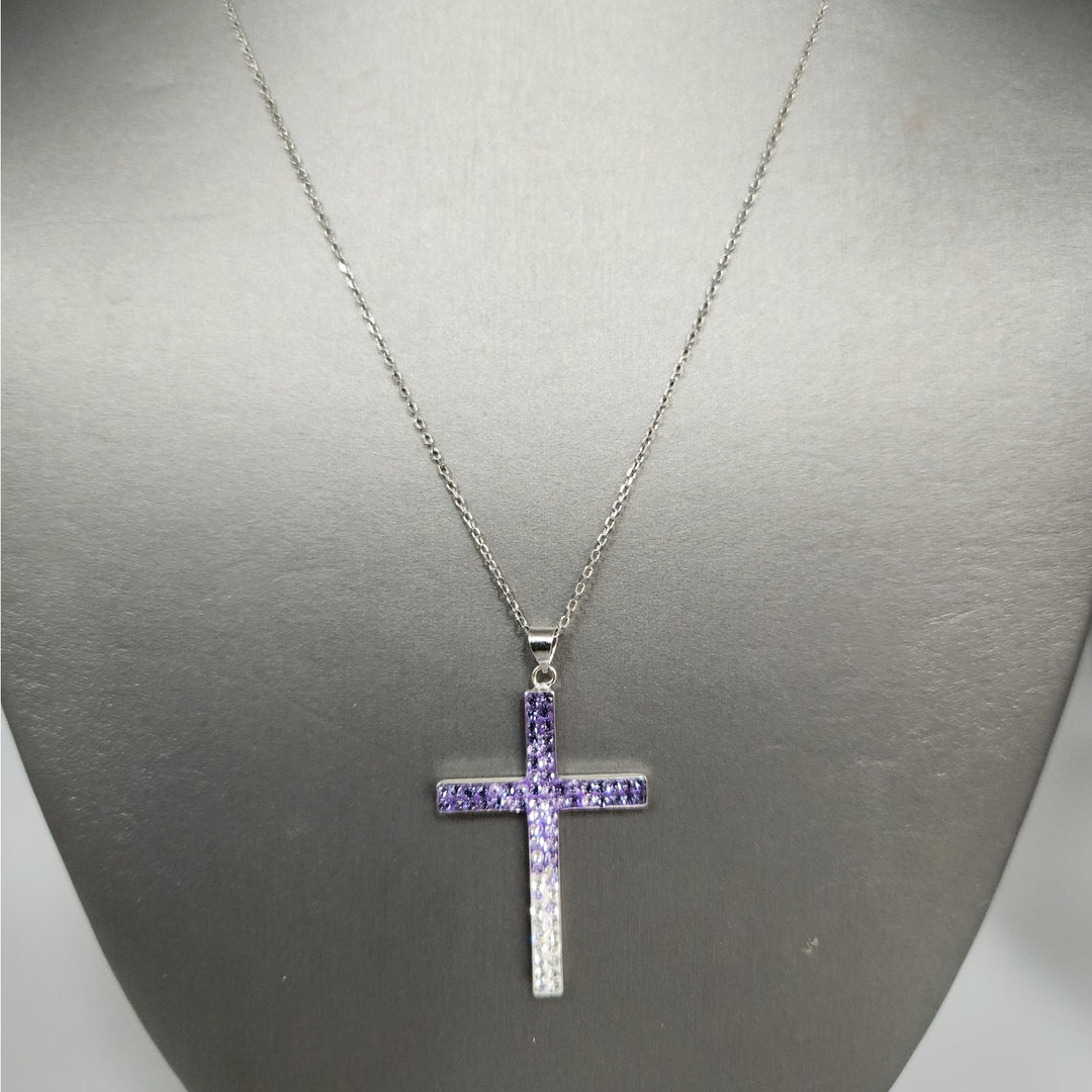 925 Sterling Silver Purple & White Crystal Cross Pendant Necklace18"