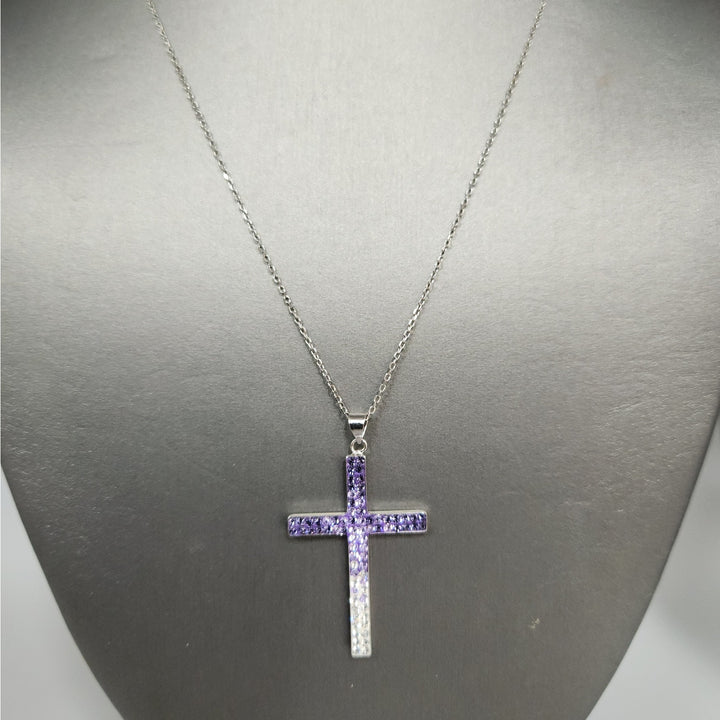 925 Sterling Silver Purple & White Crystal Cross Pendant Necklace18"