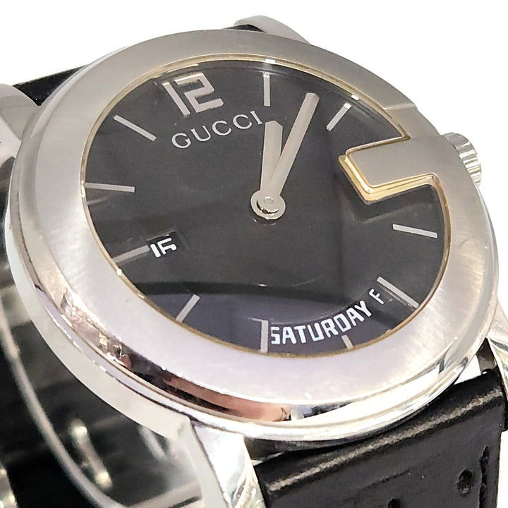 Gucci 101M  Day -Date Watch Black Dial Swiss Made Stainless Steel Leather Strap