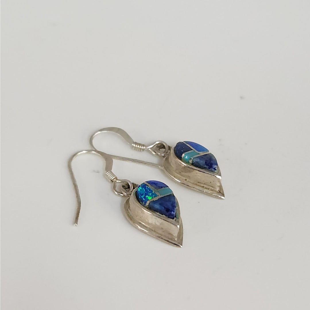 Vintage 925 Sterling Silver Blue Opal Turquoise Lapis Teardrop Dangle Earrings