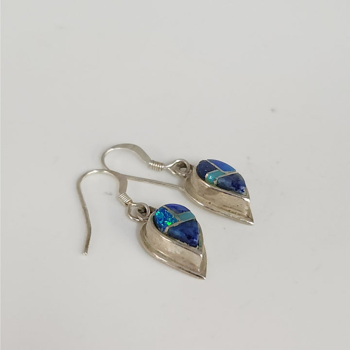 Vintage 925 Sterling Silver Blue Opal Turquoise Lapis Teardrop Dangle Earrings