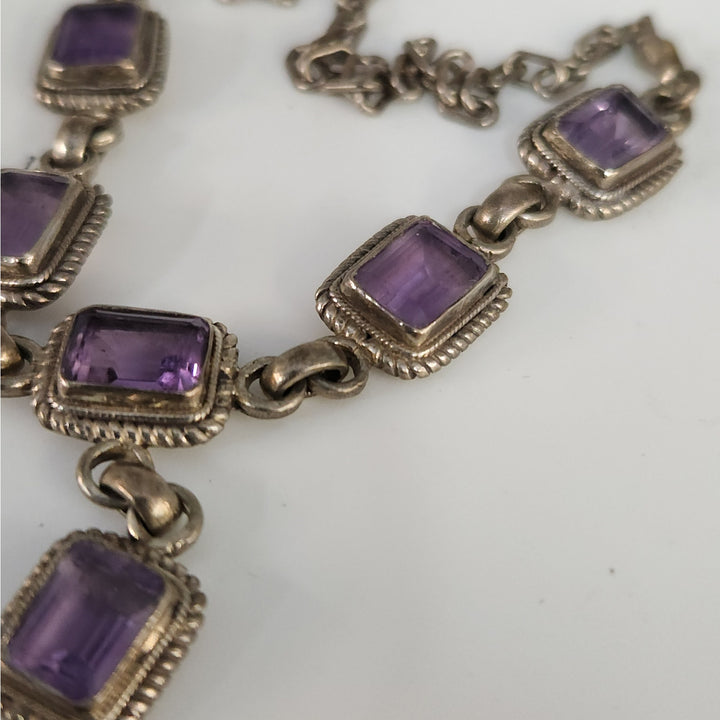 Vintage 925 Sterling Silver Natural Rectangular Purple Amethyst Necklace 19"