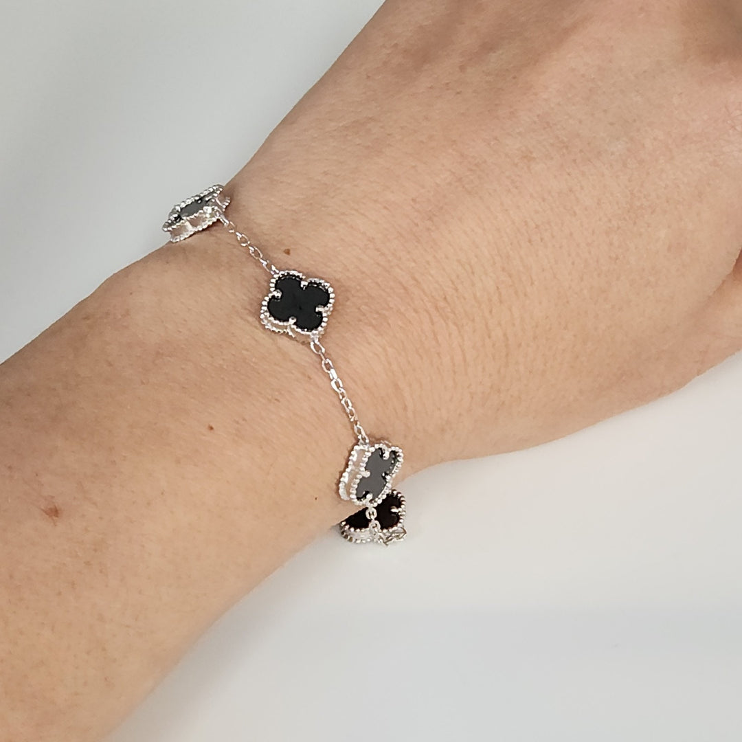 Fashion Silver Onyx Floral Clover Bracelet 8"