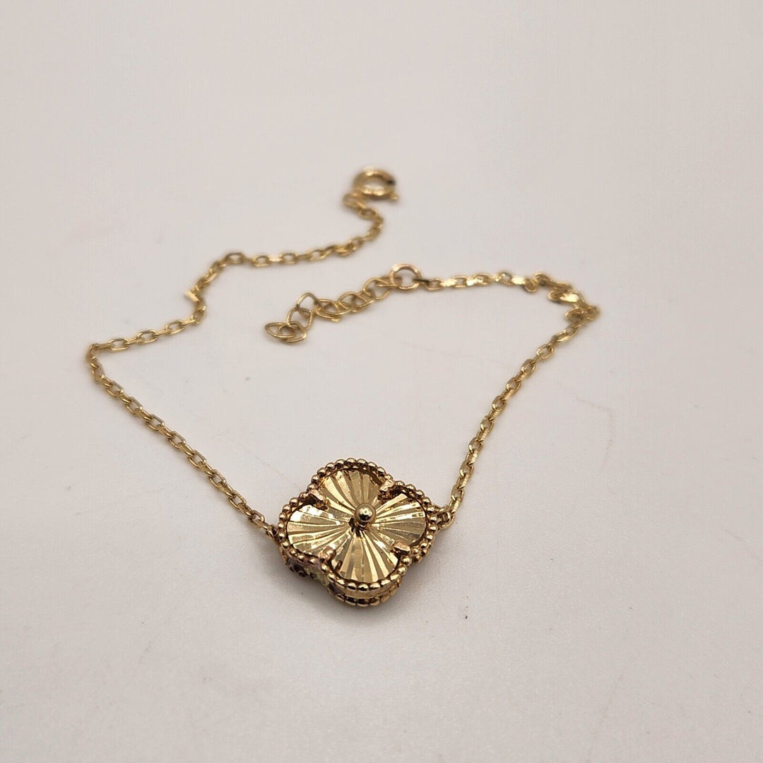 14k Yellow Gold double Face Mother Of Pearl Chain Clover Flower Bracelet 8"