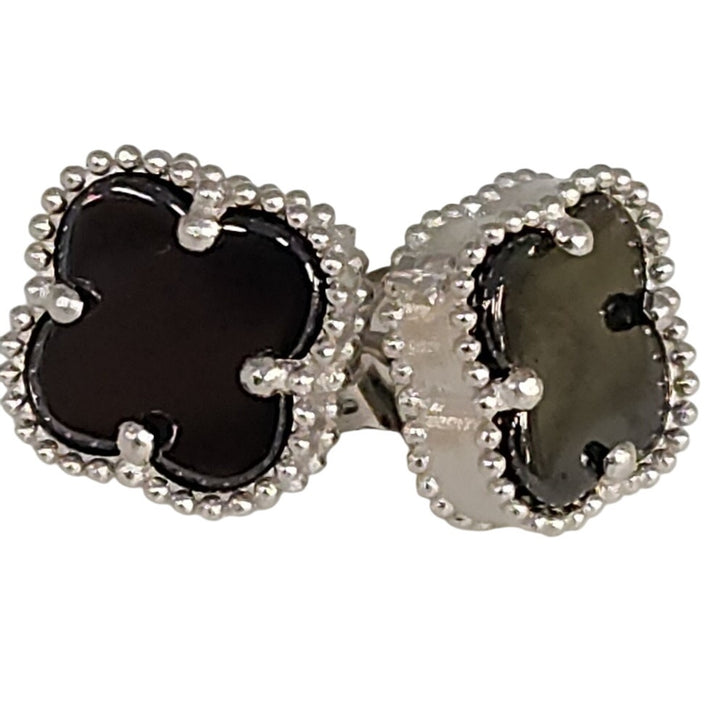 Fashion Silver Onyx Clover Motifs Stud Earrings