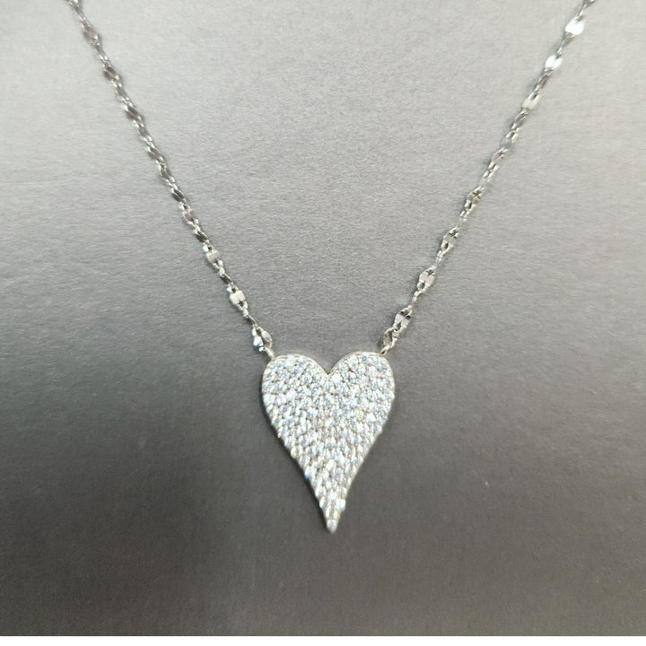 925 Sterling Silver Sparkling Pav'e Heart Necklace 18" Adjustable Chain