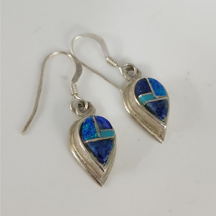 Vintage 925 Sterling Silver Blue Opal Turquoise Lapis Teardrop Dangle Earrings