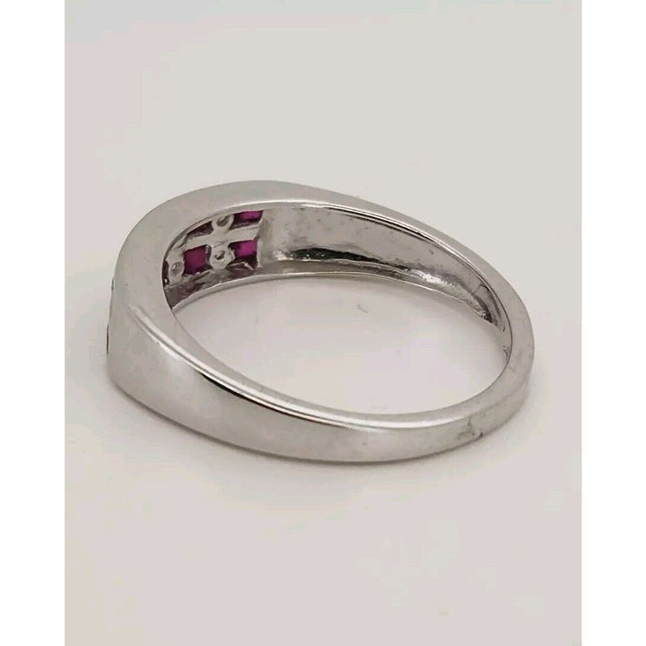 14k White Gold Ruby & Diamond Band Ring Size 6.75