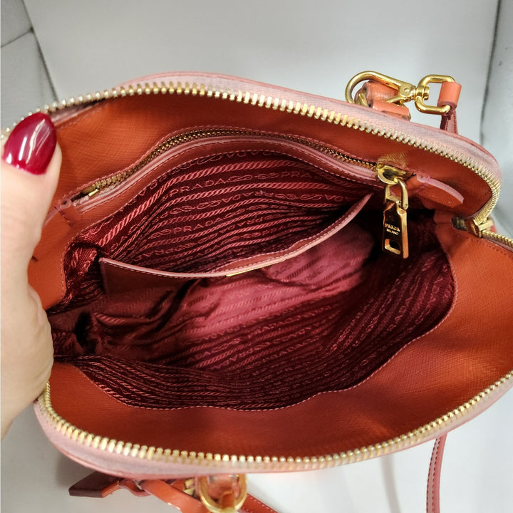 Authentic Prada Orange Saffiano Vernic Handbag w/ Gold Hardware & Shoulder Strap