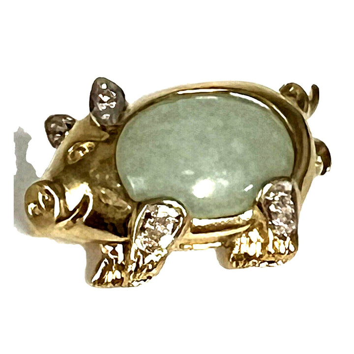 10k Yellow Gold Jade & Diamond Pig Brooch pin And Pendant