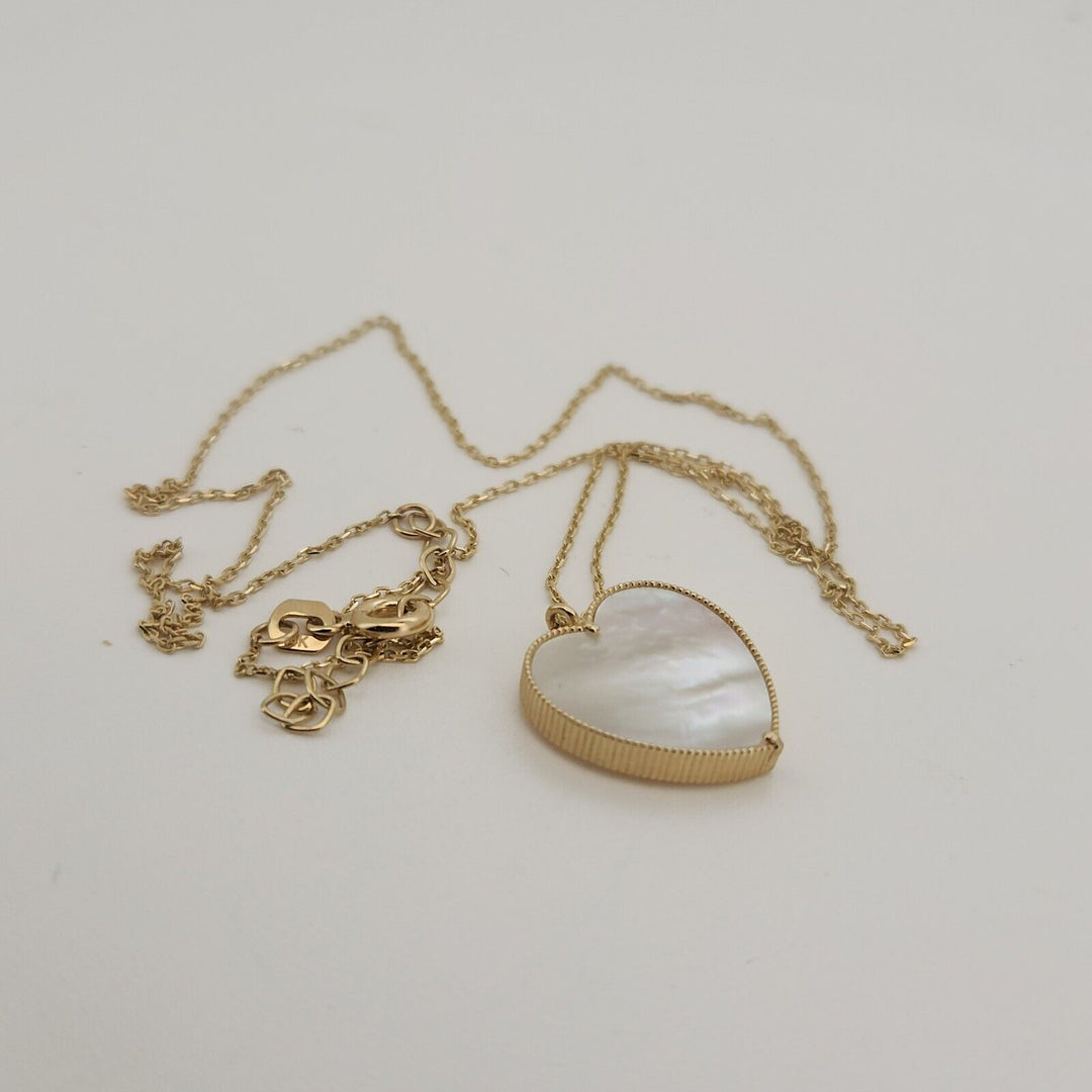 14k Yellow Gold Mother Of Pearl Heart Pendant Necklace 18"