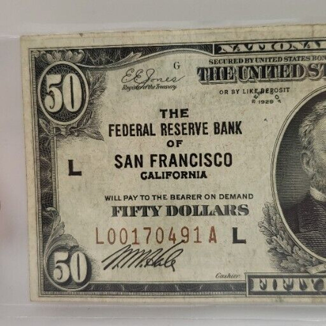 1929 $50 CURRENCY BANK NOTE THE FEDERAL RESERVE BANK of SAN FRANCISCO CA.