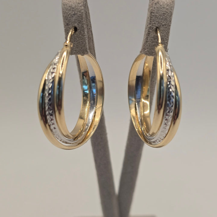 14K Yellow Gold Two-Tone Textured Hoop Earrings 3.8g Classic Stylish Premium New