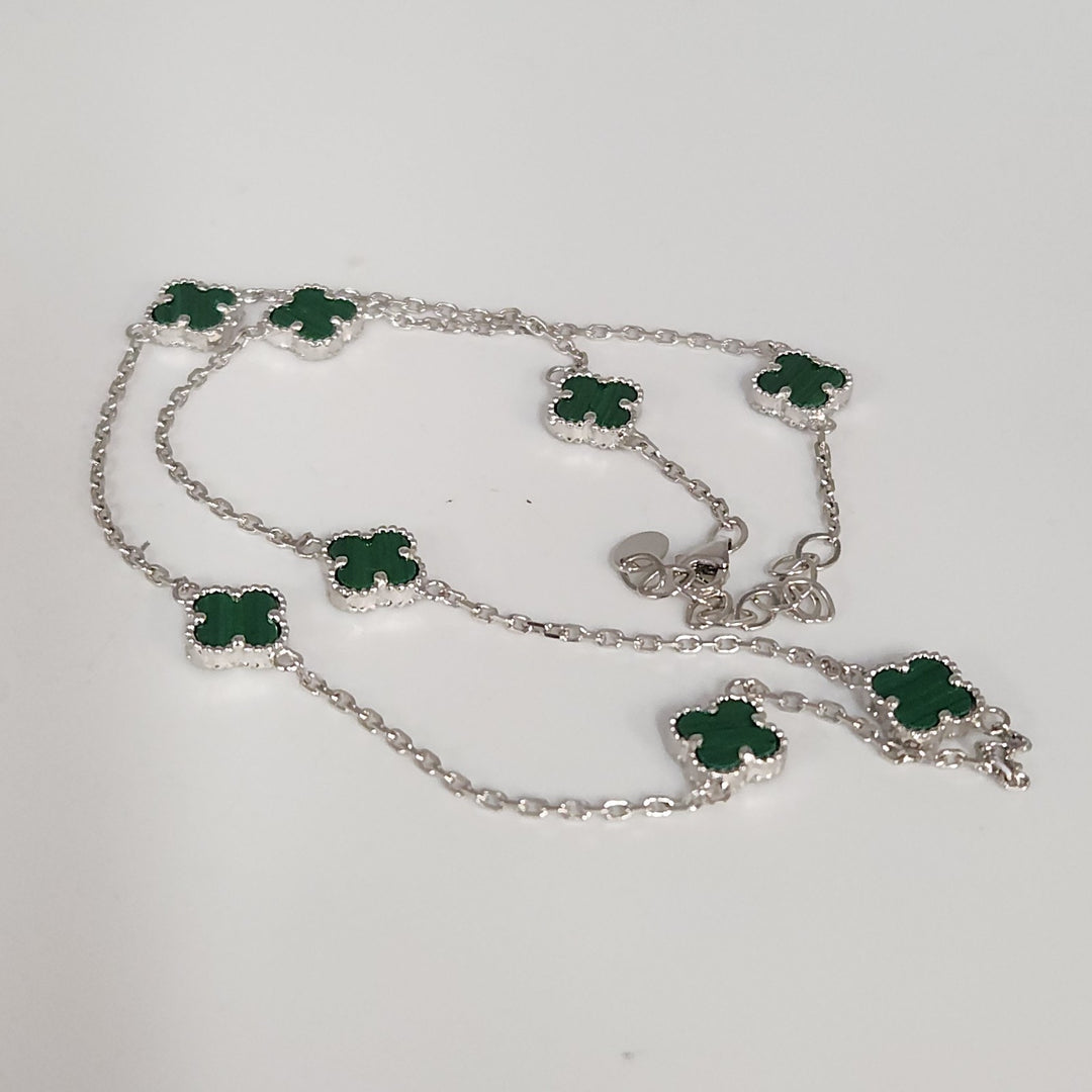 Elegant 925 Silver Malachite Clover Necklace 18.5"