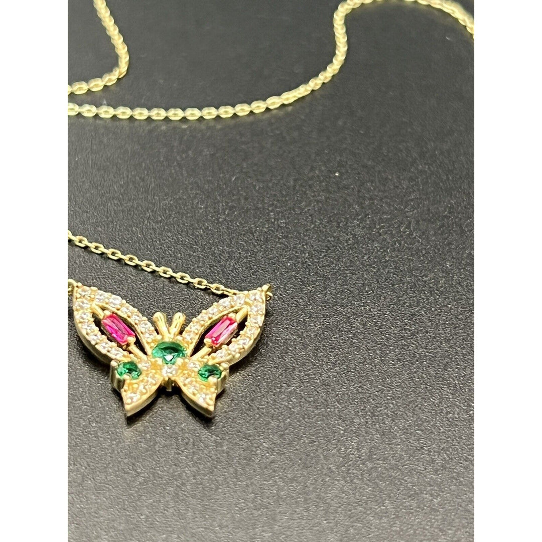 14k Gold Butterfly Multi Colored Gemstone 18in Necklace