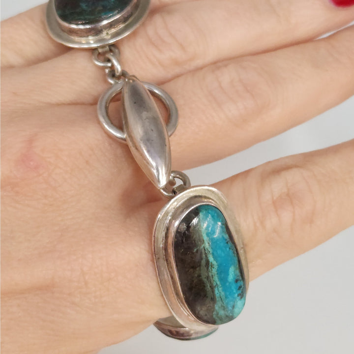 Vintage 925 Sterling Silver Natural Chrysocolla large Gemstones Bracelet 7.5" -68g