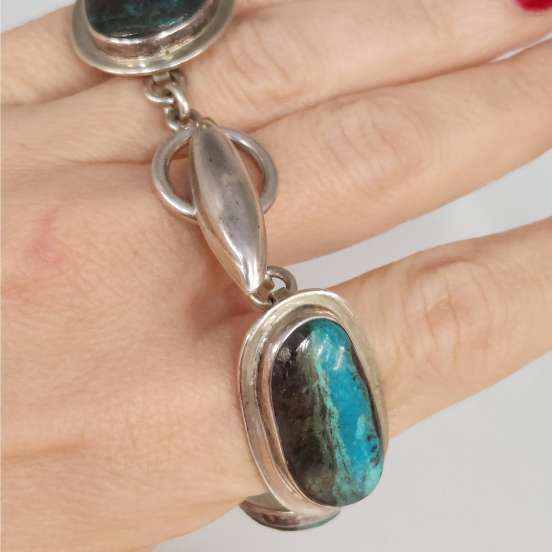 Vintage 925 Sterling Silver Natural Chrysocolla large Gemstones Bracelet 7.5" -68g