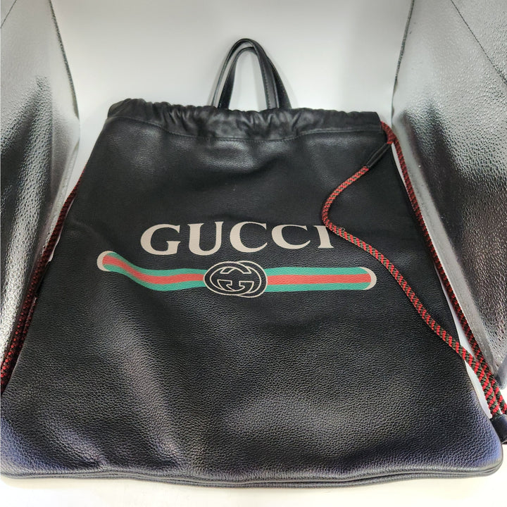 Gucci Black Drawstring Backpack Bag Red Green Accents