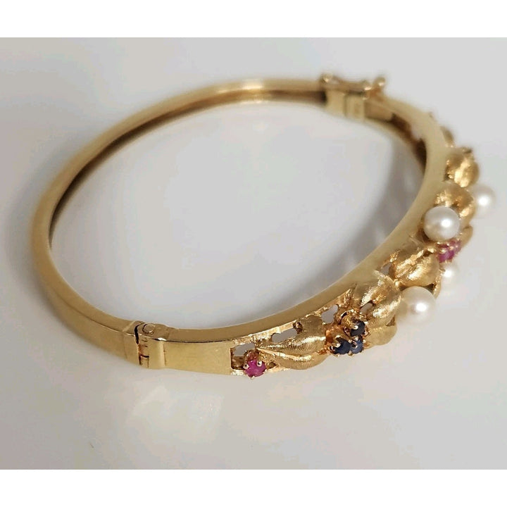 Antique 14k Yellow Gold Diamond,Pearls,Ruby &Sapphire Bangle Bracelets