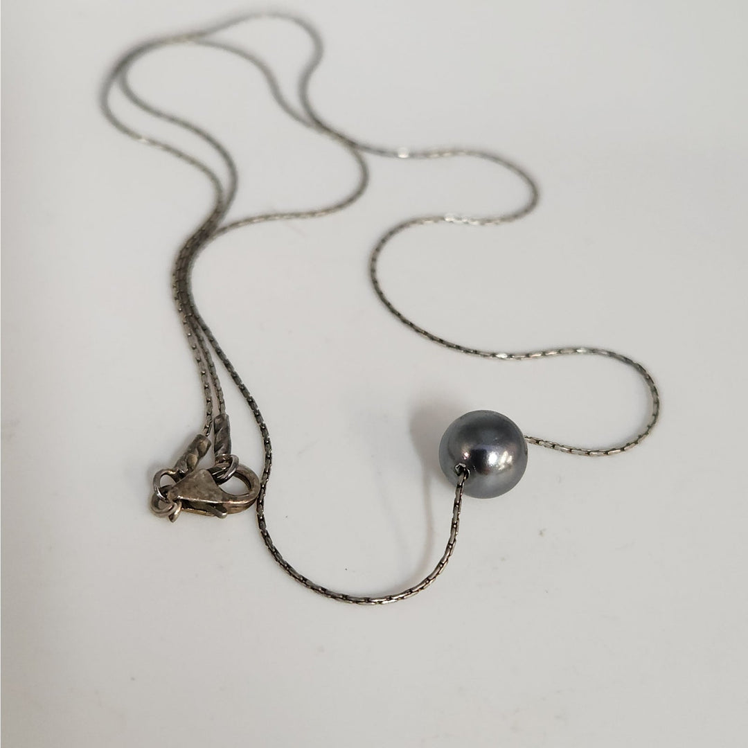 925 Sterling Silver Black Pearl Solitaire Pendant Necklace 18"
