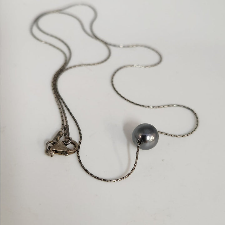925 Sterling Silver Black Pearl Solitaire Pendant Necklace 18"