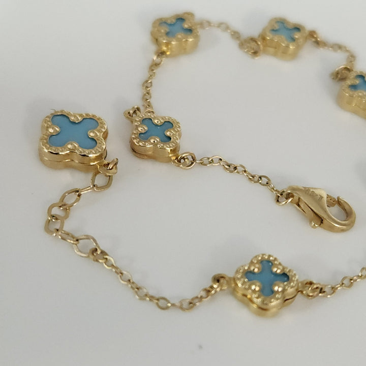 14k Yellow Gold Fashion Blue Flowers Bracelet 7.5"