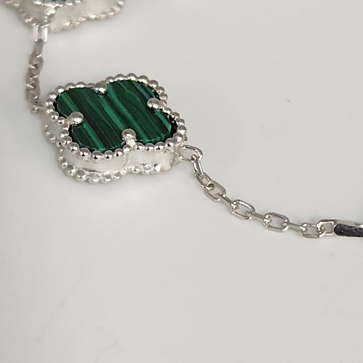 Fashion Silver Bracelet Malachite Floral Clover Links 8"