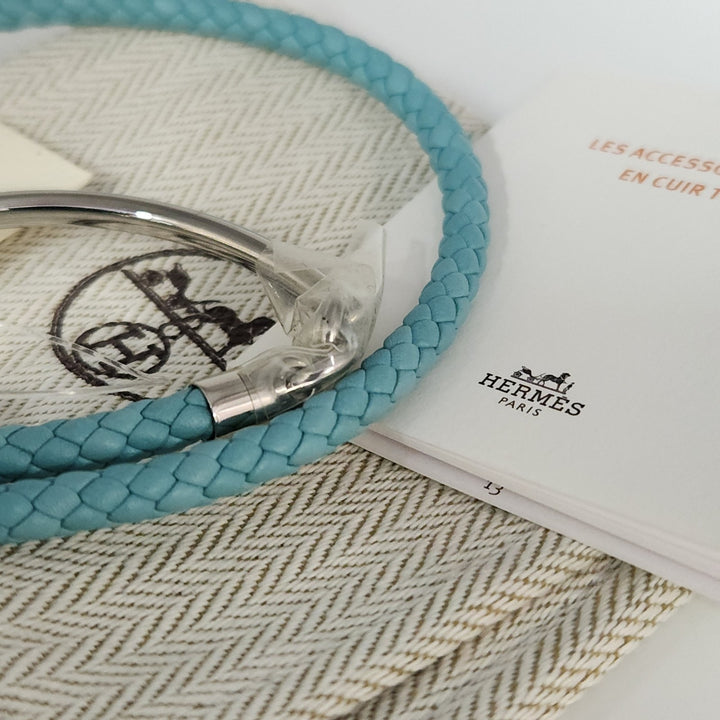 New Hermes Blue Glenan H Link Double Tour Calfskin Size T4 Bracelet