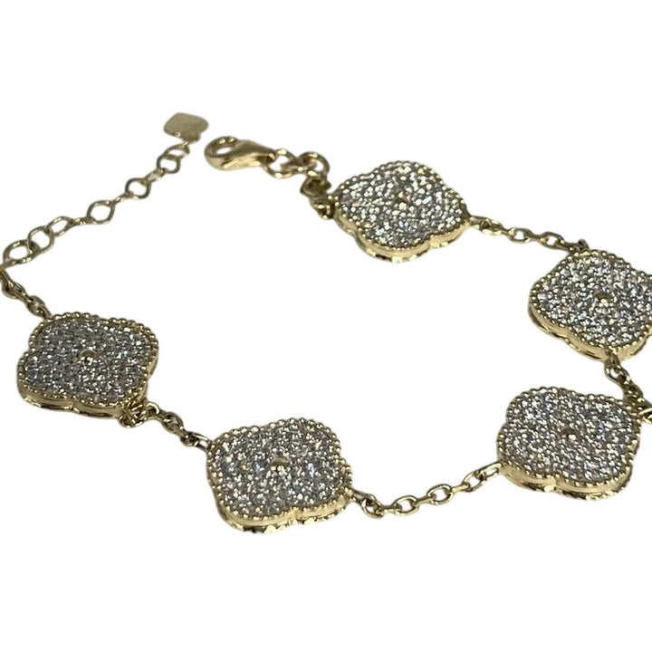 Fashion 14k Gold And Zirconia Solid Flower Clover Bracelet 7.5”